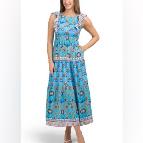 Celina Moon,Tuckernuck, Floral,Tiered, Lined Dres,Blue Patterned Dress, Size S - Picture 3 of 10